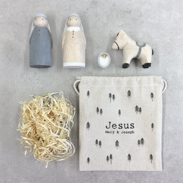 Wooden Nativity Set in Linen Bag image 1