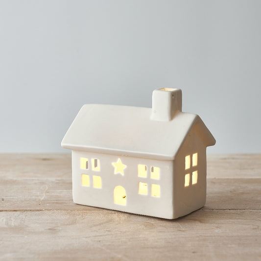 White Ceramic House with LED T Light - 12.5cm image 0