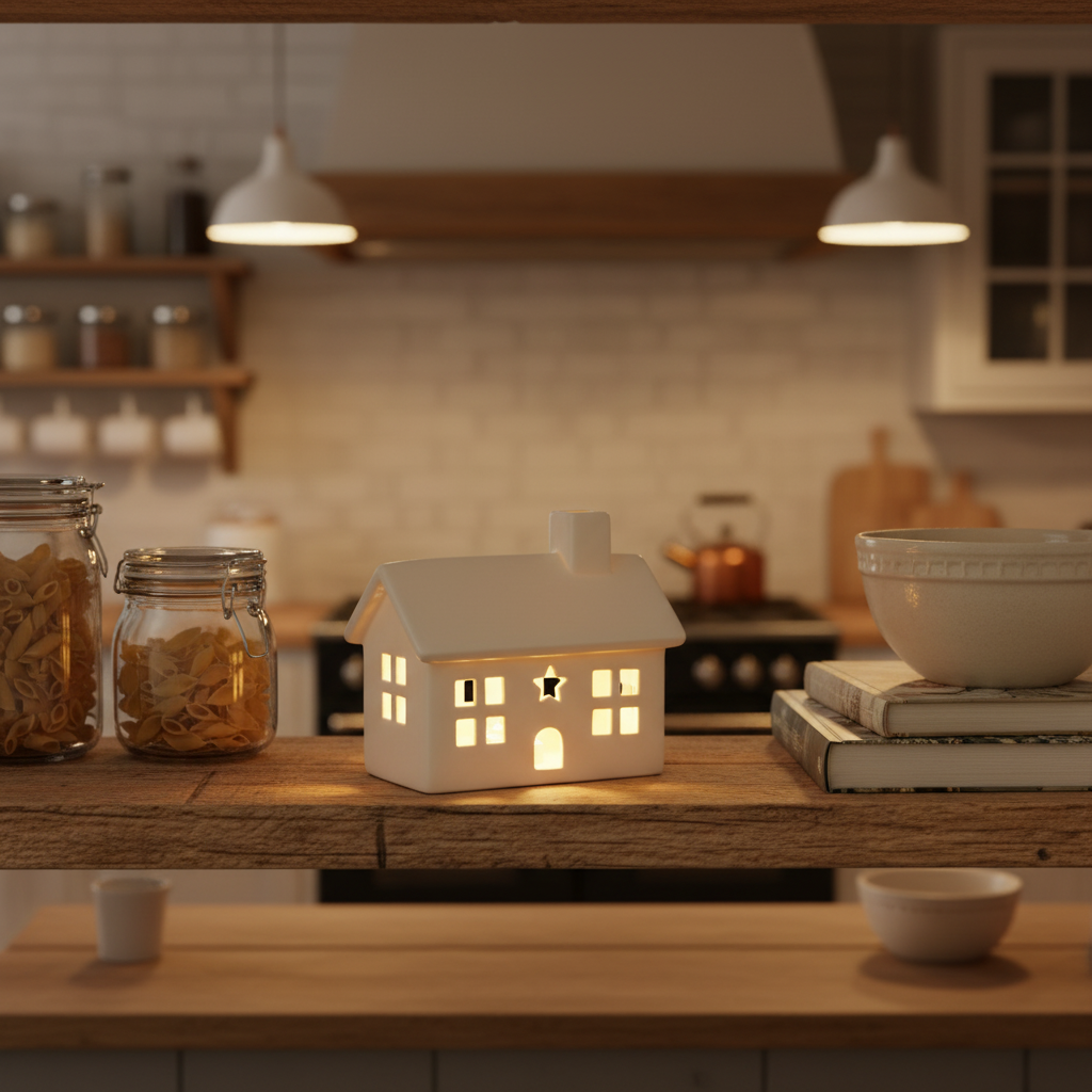 White Ceramic House with LED T Light - 12.5cm