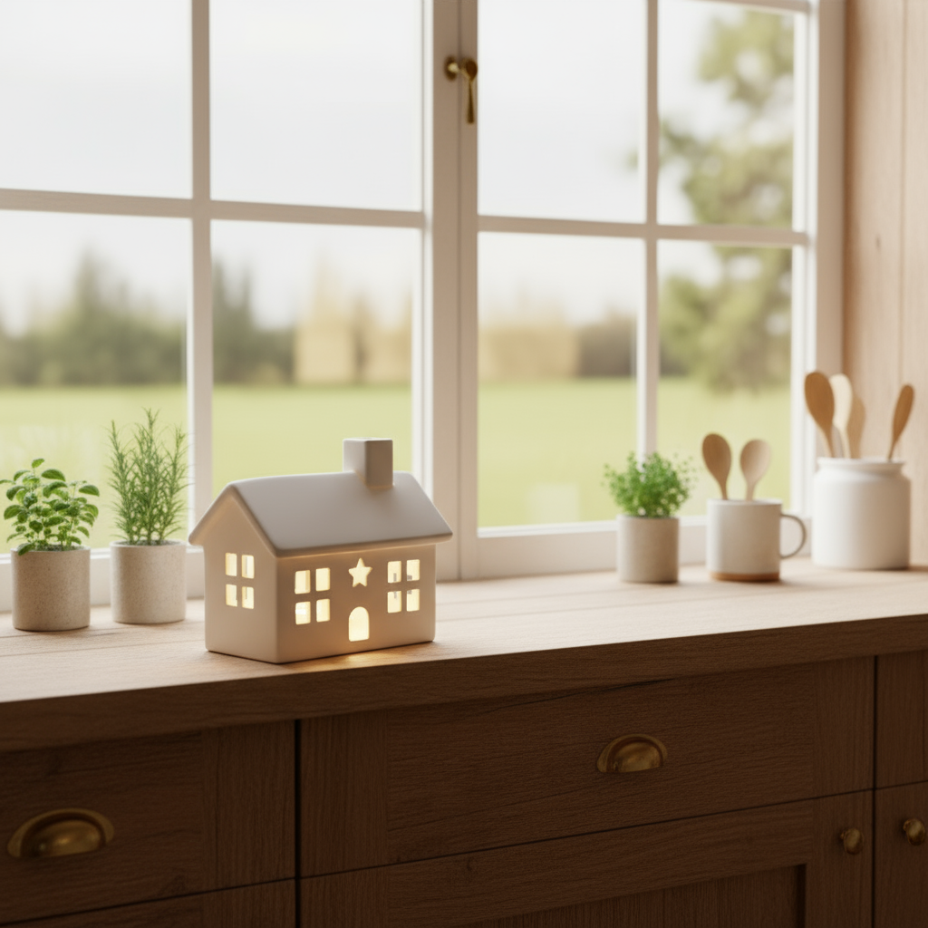 White Ceramic House with LED T Light - 12.5cm