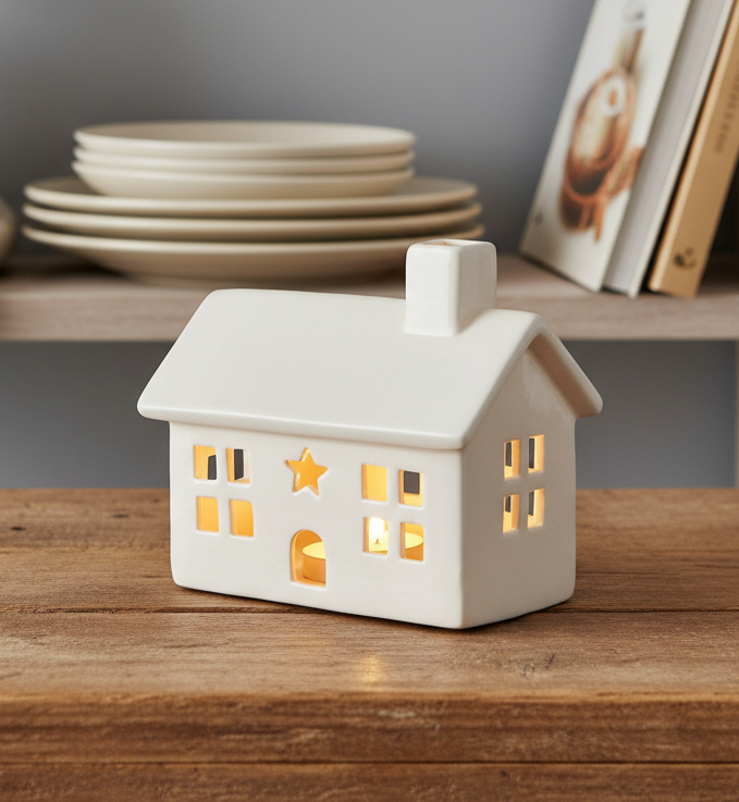 White Ceramic House with LED T Light - 12.5cm