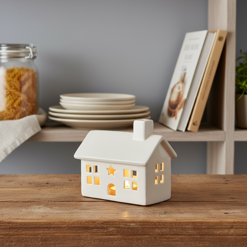 White Ceramic House with LED T Light - 12.5cm