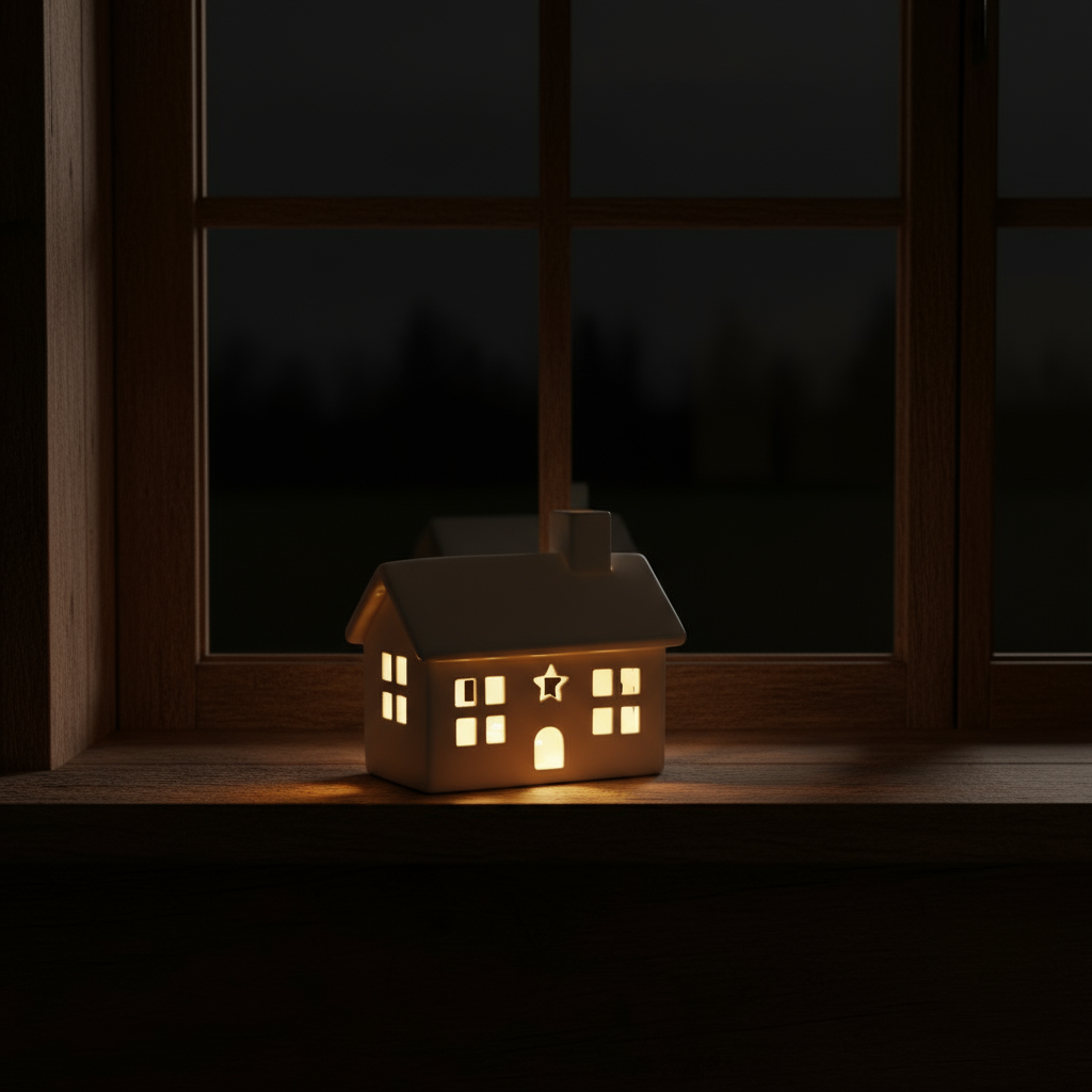 White Ceramic House with LED T Light - 12.5cm