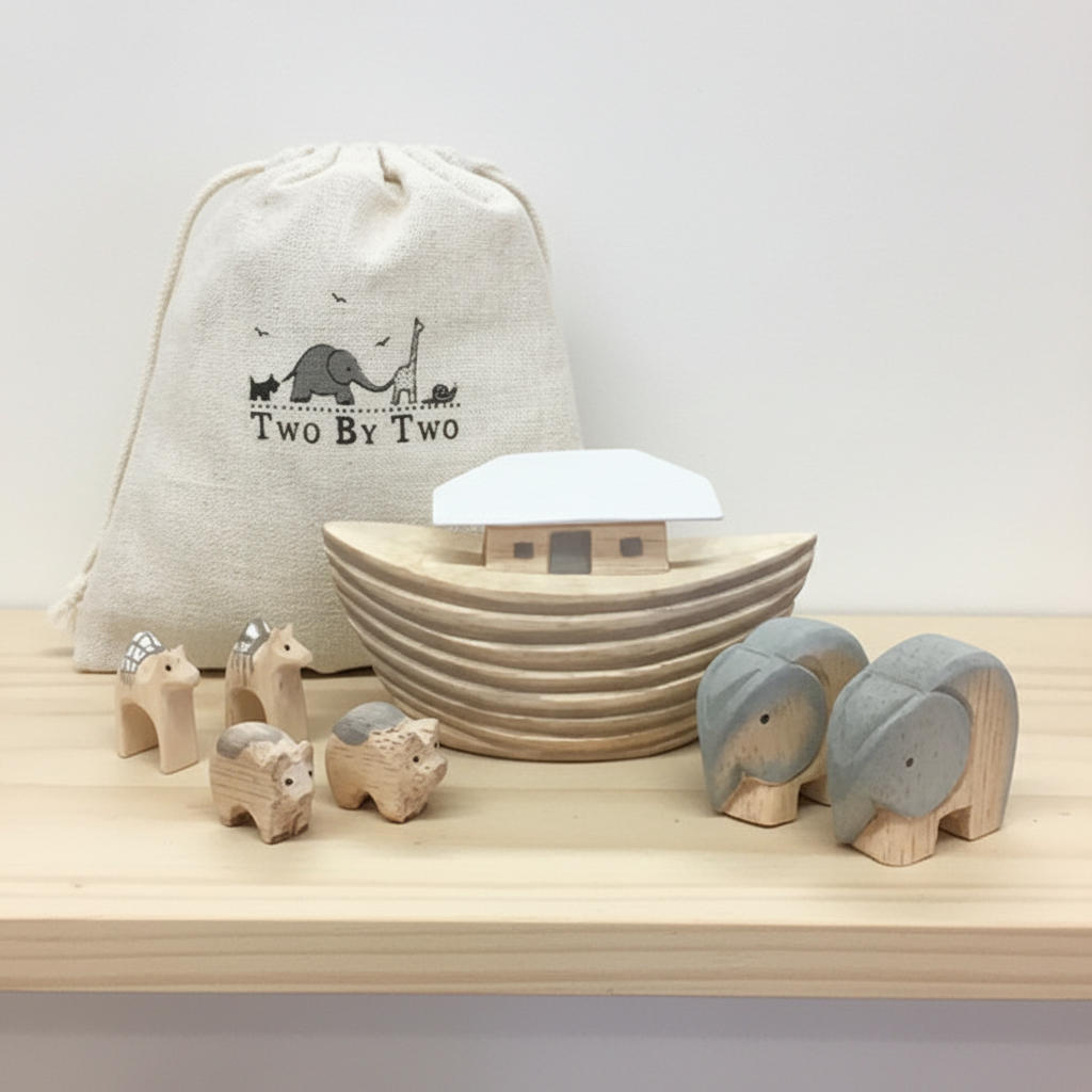 East of India Wooden Noah's Ark Set in Linen Bag